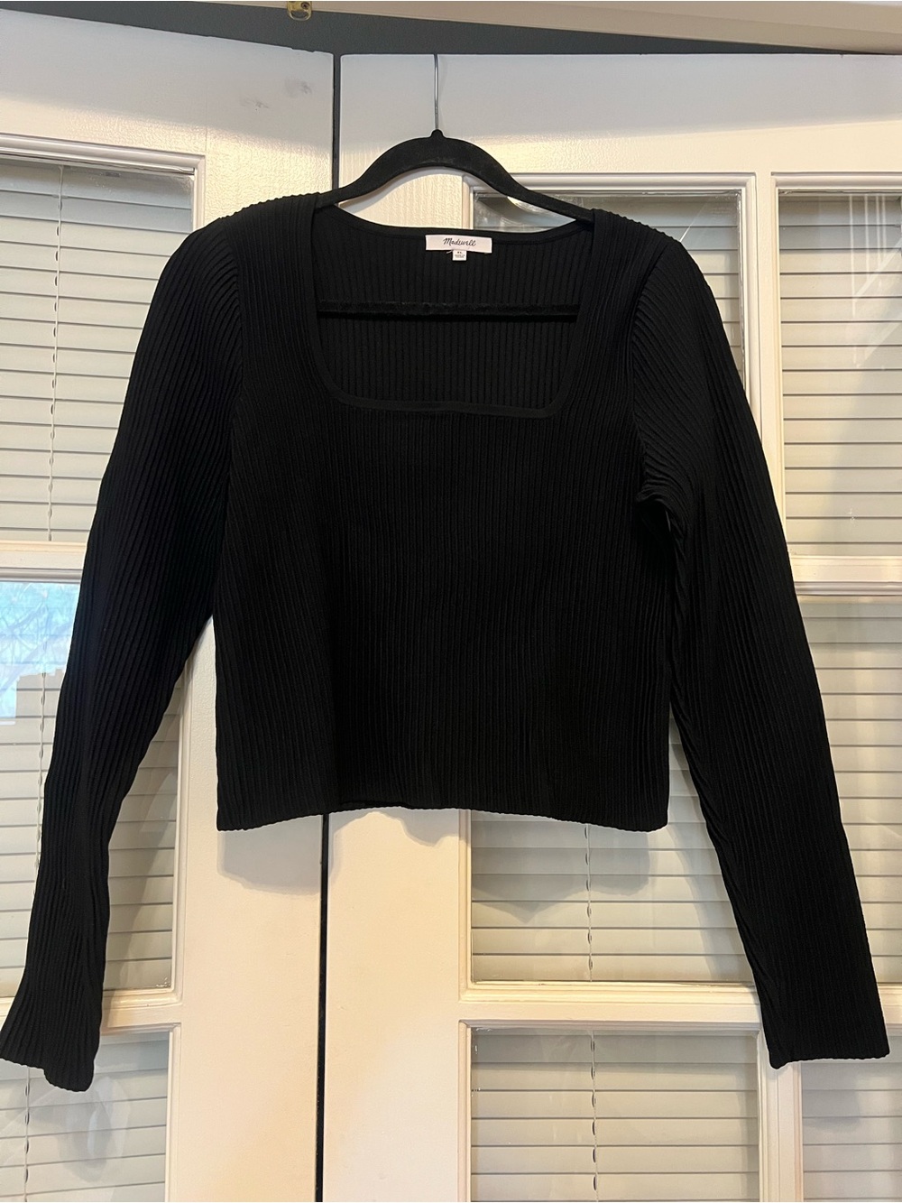 Madewell Black Ribbed Square-Neck Long-Sleeve Top - Fitted Crop